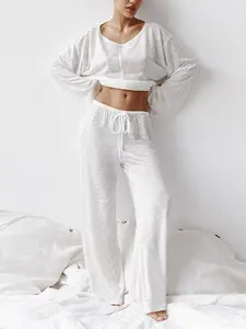 Women's Micro-Transparent Fabric Round Neck Long Sleeve Pants Loose Fit Comfortable Two-Piece Set, Casual Fashion