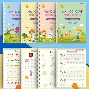 4pcs set +10pens Magic Groove Handwriting Practice Books Set, Reusable Preschool Learning Sheets, Tracing Sheets, Disappearing Font, Includes Alphabet Practice Numbers Coloring Math Skills, School Supplies, Learning Materials, Learning Tool