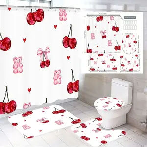 1/4pcs Charming Coquette Bathroom Decor Set - Elegant Shower Curtain Sets with Glossy Red Cherries, Pink Gummy Bears, and Romantic Heart Motif, Complete with Bath Mat, Contour Toilet Mat, and Toilet Lid Cover Perfect for Spring Refresh