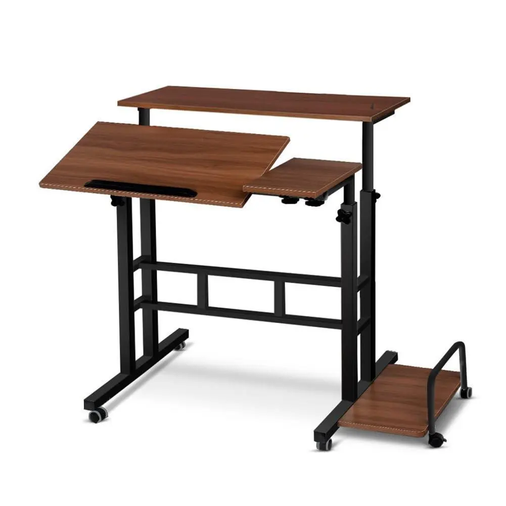 Portable Standing Desk Adjustable Height 26.4-61 Inch, Mobile Computer Desk with Wheels Tiltable Top and CPU Stand for Home Office, Dark Walnut