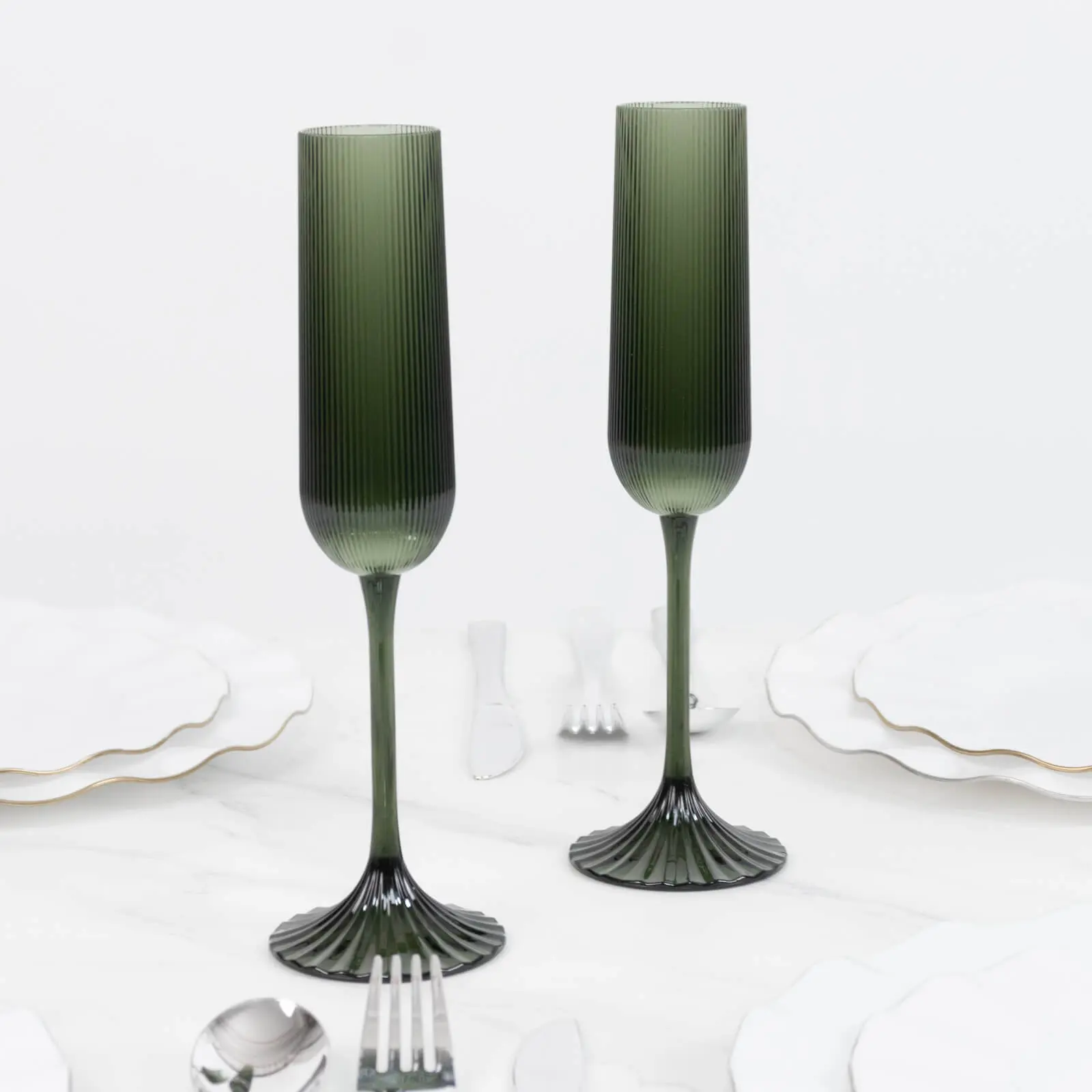 12 Pack Vintage Ribbed Champagne Flutes 4oz Hunter Emerald Green – Disposable Plastic Toasting Glasses