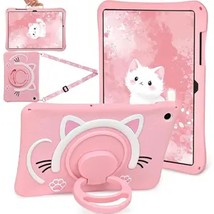 for Samsung Galaxy Tab A9 Plus Case 11" (SM-X210/X216/X218) Cute Pink Cat Cover Women Girl 3D Cartoon Rotating Handle Stand & Shoulder Strap Soft Silicone for Samsung A9 Plus Tablet Case