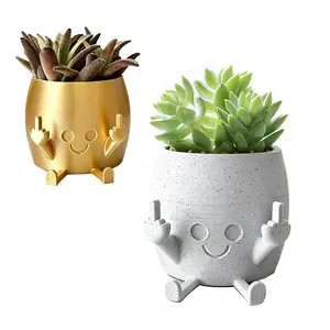 Smiling Plant Pot with Middle Fingers Up, Face Planter Pot Resin Flower Planters for Indoor Outdoor Plants Succulent Pots for String of Pearls Plant Live Gift Ideas summerwins， Mini Desktop Planters