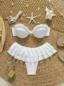 White Bandeau Removable Strap Bikini Set Sexy Mesh Ruffle Skirted Two Piece Swimsuit for Women Summer Pool Party Fashion Ruffle Bathing Suit