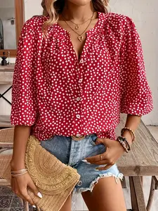A ladies' red floral V-necked lantern sleeve Spring Woven Fit blouse with a fresh and sweet beachy vibe