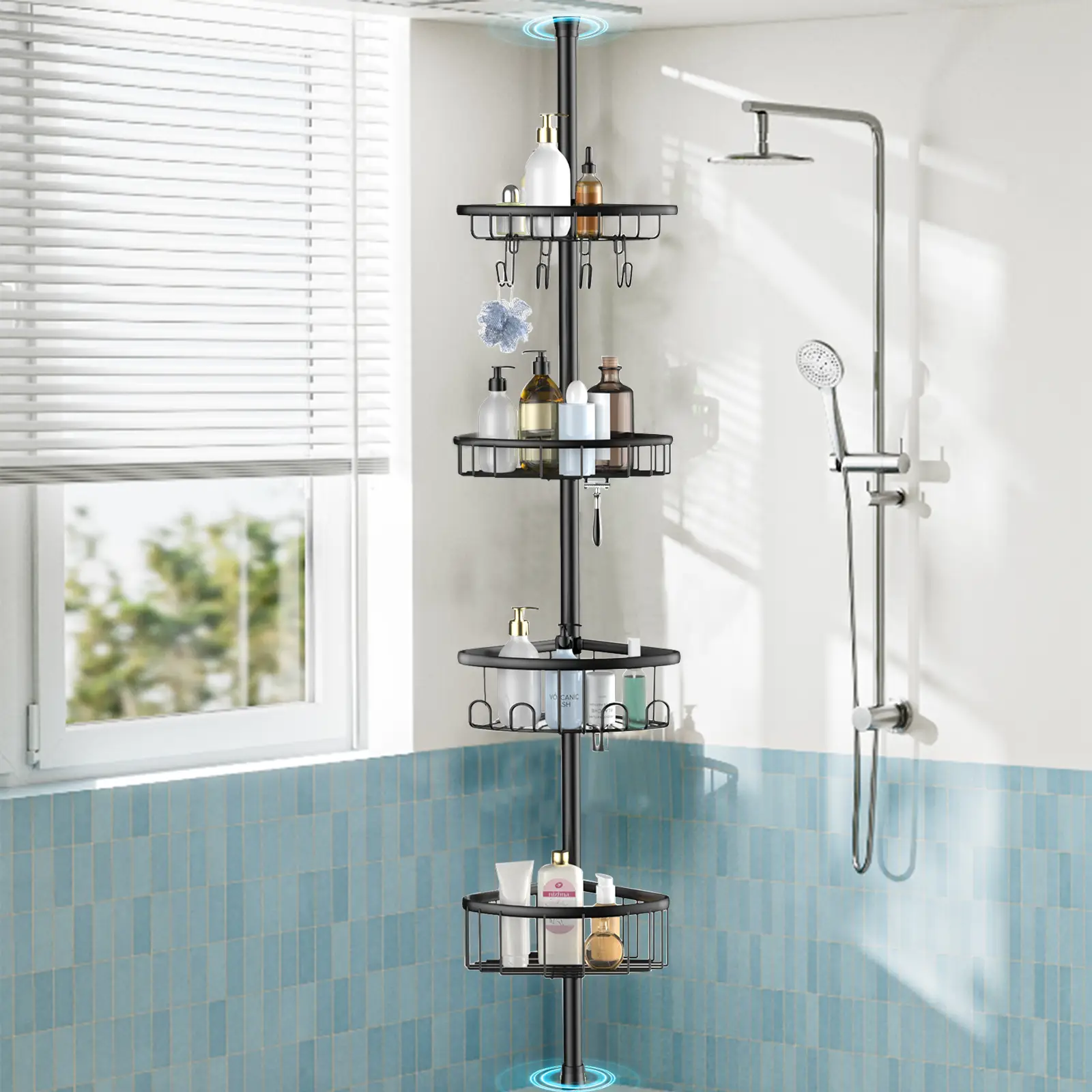Main Corner Shower Caddy Tension Pole – 4 Tier Adjustable Stainless Steel Rustproof Shower Caddy Organizer, No-Drill Tension Pole (47-121 Inch), Heavy