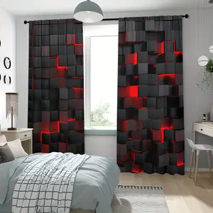 Abstract Geometric Pattern, 2 Counts/set Modern Simple Pole Pocket Design Curtain, Home Decorative Curtain for Bedroom, Living Room, Kitchen, Wardrobe, Study, Home Decoration Curtain, Home Essentials