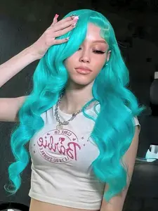 Mint Blue Body Wave Wig Teal Lace Front Wig 13x4 HD Transparent Lace Wavy Wig Pre-Plucked Natural Hairline Heat-Resistant Synthetic Wig Teal Music Festival Look Lace Frontal Wigs for Women Parties Cosplay Stage 28 Inches Synthetic Material Wigs