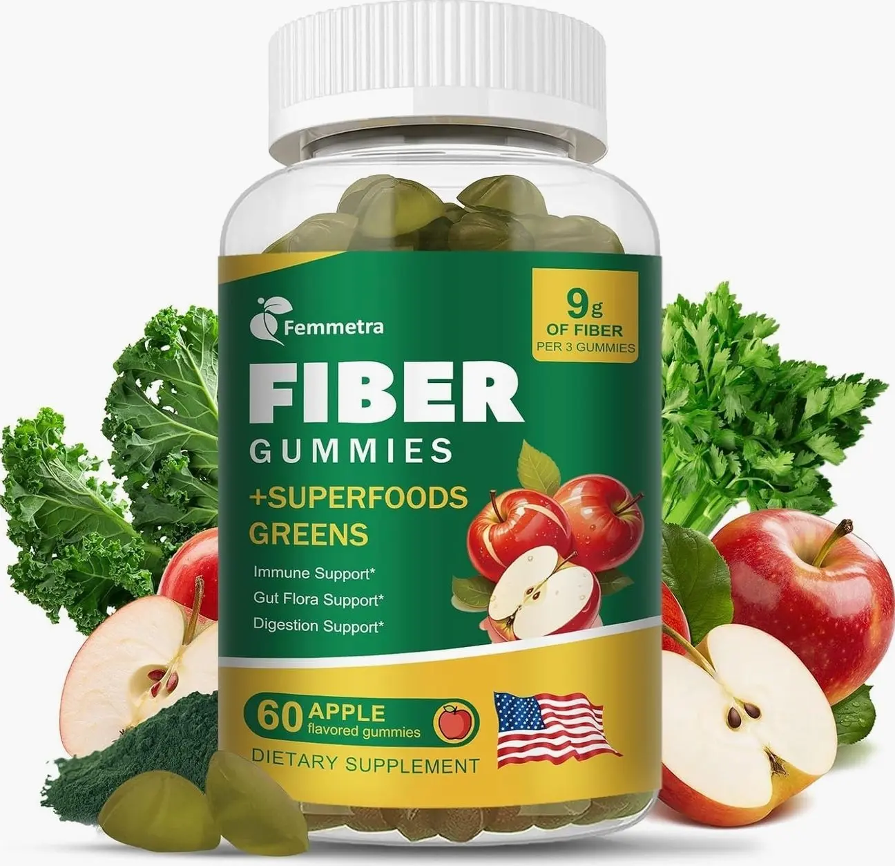 13-in-1 Prebiotic Fiber Gummies for Adults - Fiber Supplement for Women and Men with Greens Blend, Inulin & ACV for Digestive, Gut Health - Sugar Free, Apple Flavor, 60 Vegan Gummies
