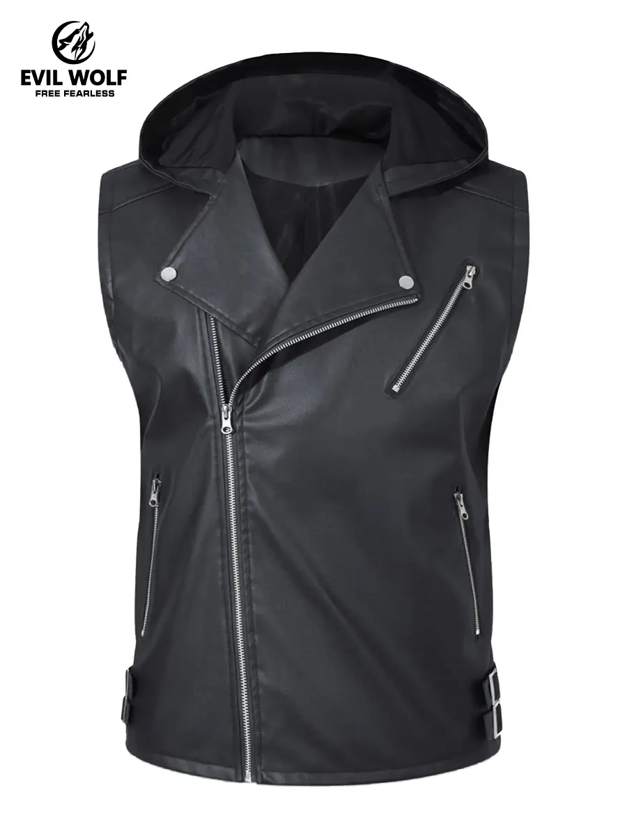 The 2025 new spring and summer motorcycle sleeveless leather vest jacket for men, a trendy and casual waistcoat, and a pu hooded vest for men