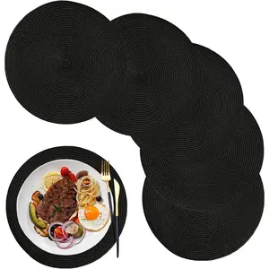 Round Braided Placemats Set of 6, 12.6 Inch Small Circle Place Mats Washable Heat Resistant Table Mats Black
