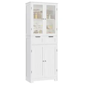HOSTACK 64" Tall Kitchen Pantry Cabinet with Drawers, Modern Bathroom Storage Cabinet with Shelves and Glass Doors, Free Standing Linen Cabinet Cupboard
