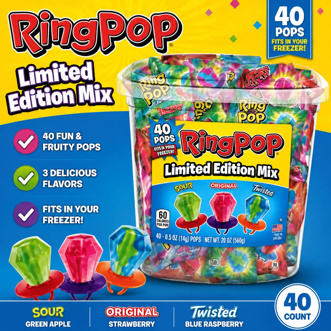 Ring Pop Assorted Candy Pops 40 Count Tub  Wearable Gem Lollipops | Fruity Party Favors & Fun Candy Treats