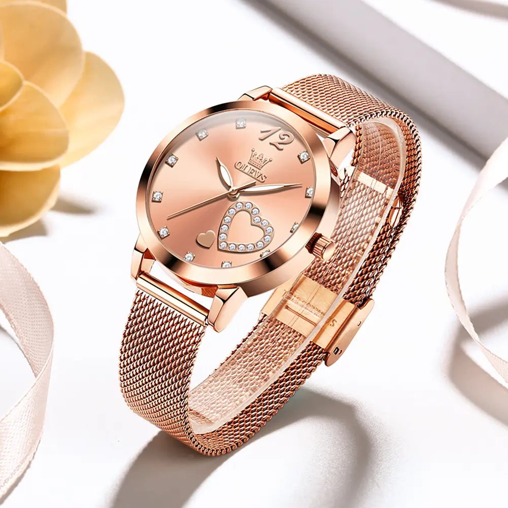 OLEVS L5189 Women's Fashion Watch Luxury Rose Gold Quartz Elegant Milanese Mesh Loop Band Waterproof Round Dial Interlocking Heart Design Rhinestone Markers Luminescent Analog Wristwatch Trendy Female Timepiece Anniversary Birthday Gift Box Set for Wife