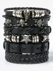 Unisex Street Trend Braided Bracelet Bundles, 6pcs/set Trendy Vintage Drawstring Matching Bracelets, Chic Goth Jewelry As Gift for Party Decor, Stackable Bracelets