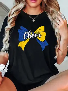 100% Cotton Unisex Cheer Coquette Bow Blue Yellow Cheerleader Cheerleading T-Shirt，Autumn women's short-sleeved, Thanksgiving and Halloween maple leaf pattern T-shirt