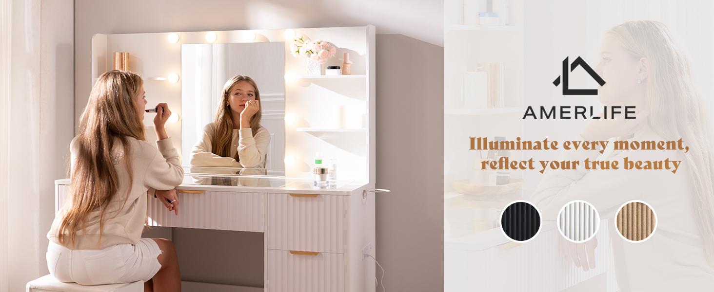 AMERLIFE 36.2/47.2" Fluted Vanity Desk with Mirror and Adjustable LED Lights, Large 4/7 Drawers Makeup Table with Glass Top and Charging Station for Women and Girls, Bedroom or Dorm/Best Gift Ideas/Christmas Gifts