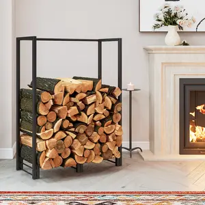 Heavy Duty 2.5ft Firewood Rack Outdoor & Indoor Fireplace Log Storage Organizer - Waterproof Metal Wood Stacker for Patio/Garage, Black covered