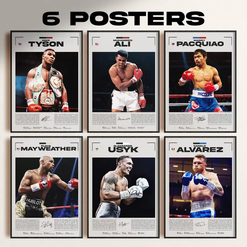 Boxing Legends Bundle of 6: Mike Tyson, Muhammad Ali, Manny Pacquiao, Mayweather, Usyk, Canelo Alvarez, Boxing Posters ( Unframed-Print Only )