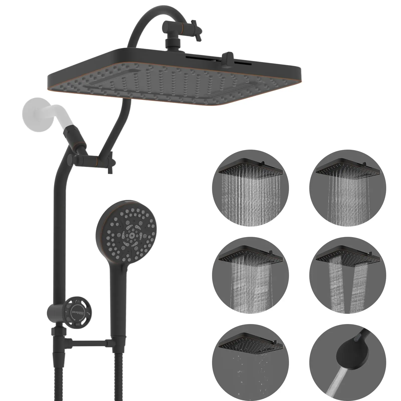 Hibbent Oil-Rubbed Bronze Wall-Mount Brass Shower Head Ensemble - Dual 13-in 5-Spray High-Pressure Rainfall Fixed Unit, 10-Spray Handheld, 12-in Extension Arm, 4-Way Diverter, 71-in Hose, Holder,home essentials