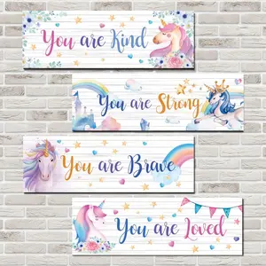 Wooden Unicorn Bedroom Decor Set, Rainbow Unicorn Wall Art, 11.8x3.9 Inches, Inspirational Quotes, Game Room/living Room Decoration