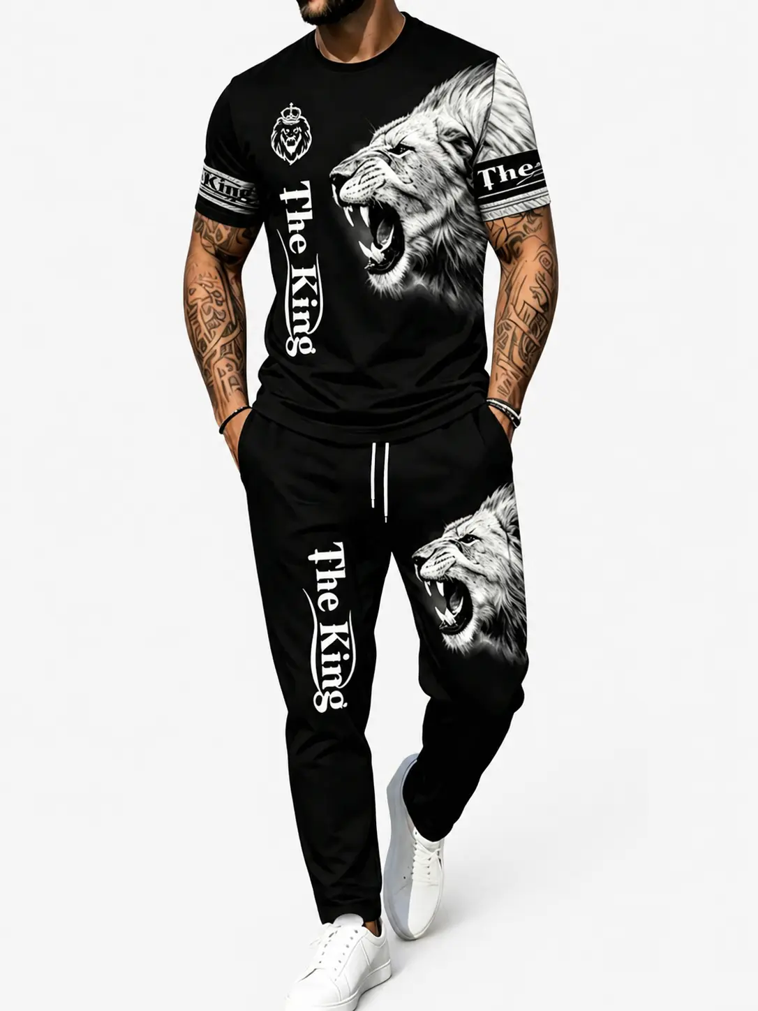 Men's two-piece digital printed short sleeved T-shirt and sports drawstring pants - fashionable regular version suitable for daily wear and beach vacations fathersdaygift