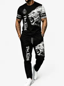 Men's 3D Lion Print Sports Set - All year round polyester exercise equipment, with boat neck T-shirt and matching pants, regular style, slightly stretchy knit fabric, animal pattern sportswear 100% polyester fiber