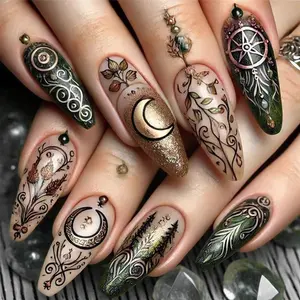 Style Moon Bell Plant Element Nail Art, Vine Spiral Flower Nails, Vintage Leaf Design Removable False Nails