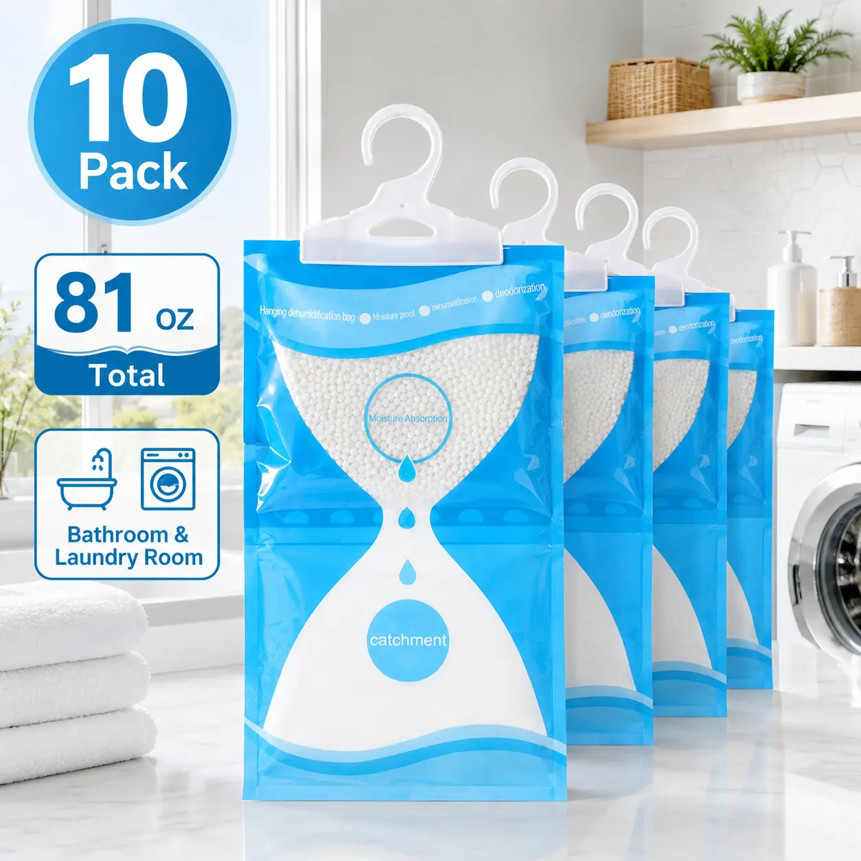 10-Pack Hanging Moisture Absorber Pouches, 81 oz Total Cordless Closet Dehumidifier Powder Bags, Everyday Mold Mildew Odor Eliminator, Damp-Proof for Bathrooms, Basement