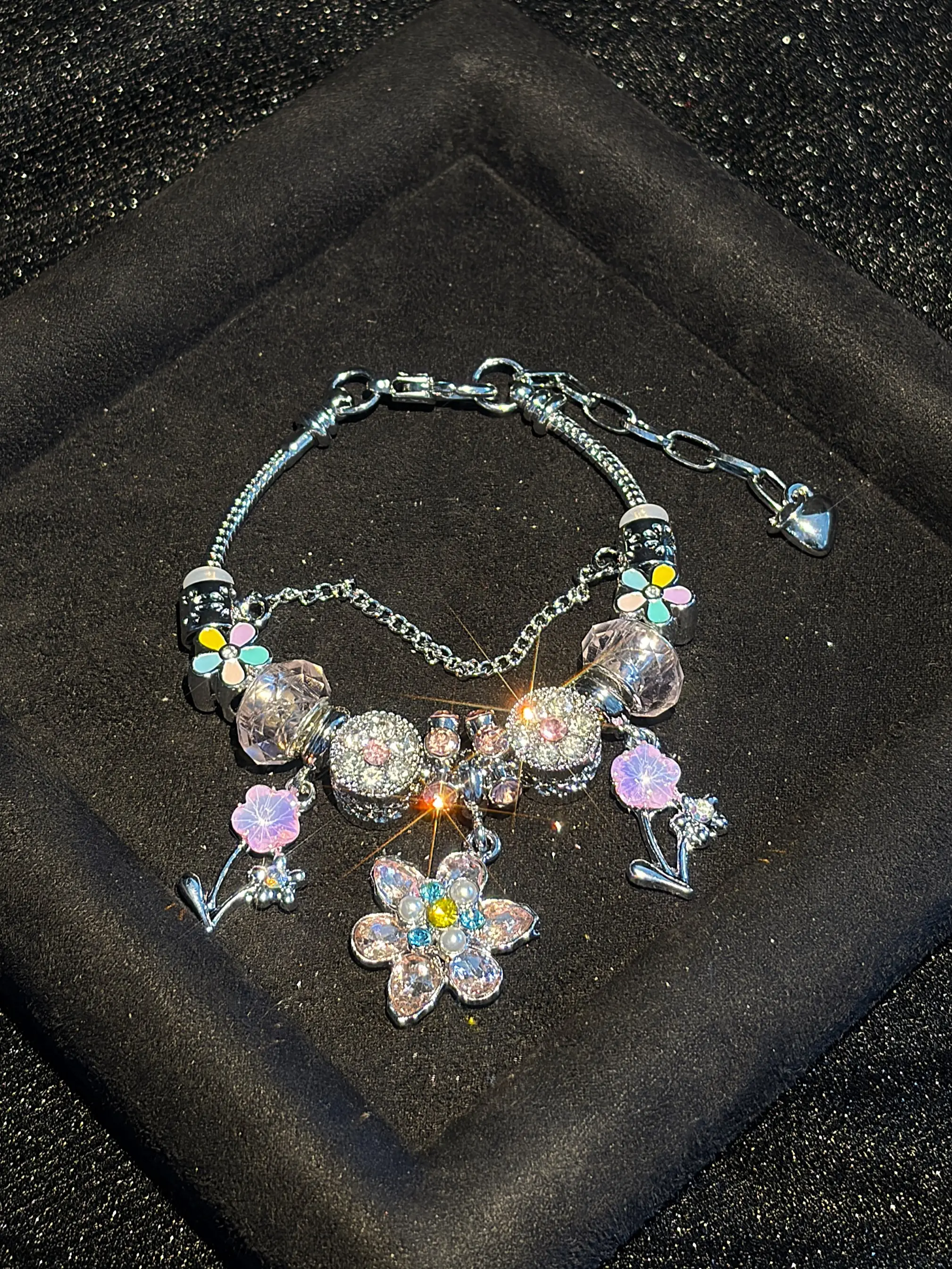 Women's Silver-Tone Snake Chain Charm Bracelet - Colorful Rhinestone Floral Dangle Charms, Crystal Beaded Costume Jewelry Gift for Teen Girls