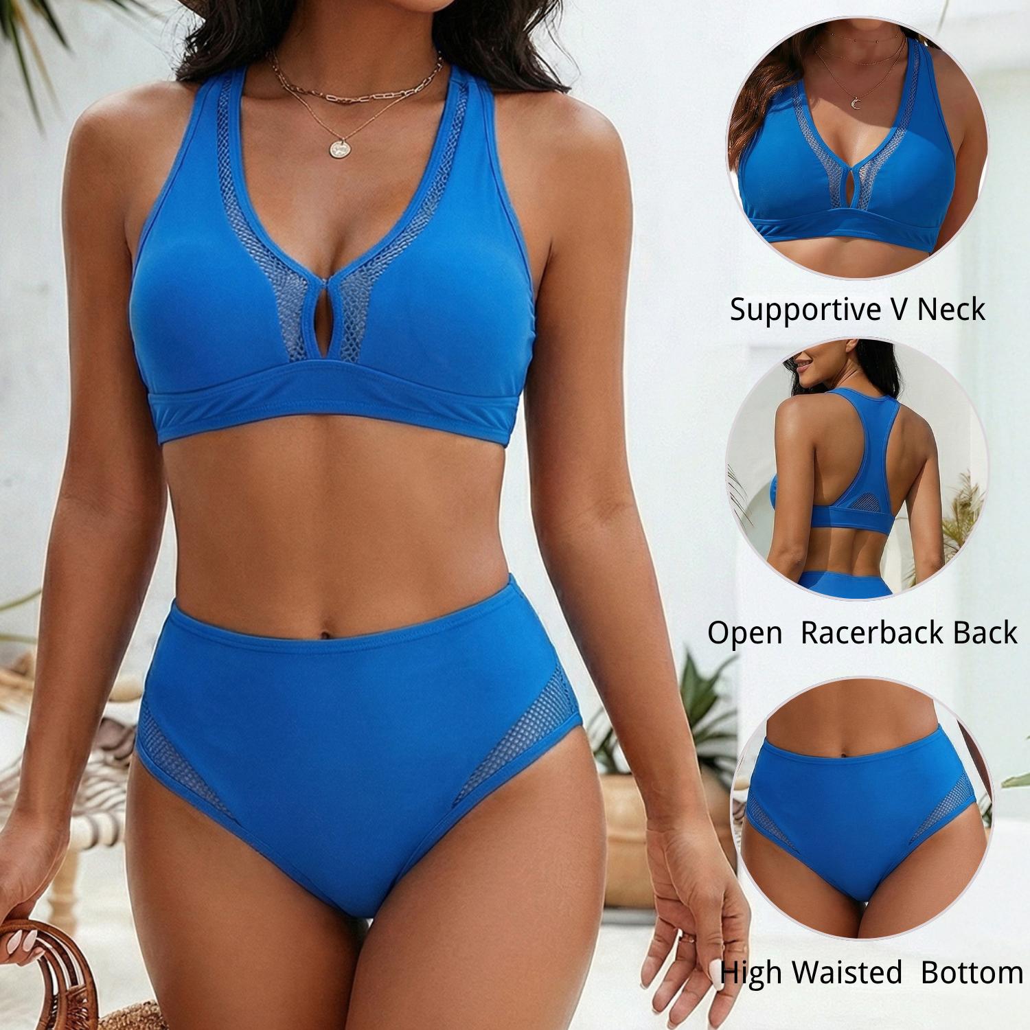 Women's 2 Pieces Swimsuit Mesh Splicing V Neck Racerback Top with Removable Pads, High Waisted Tummy Control Full Coverage Bottoms, Modest & Sexy Quick-Drying Swimwear