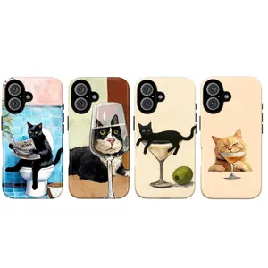 Funny Black Cat Phone Case – Watercolor Art Style with Cute Cats in Toilet, Wine Glass & Martini Glass – Aesthetic Protective Cover for iphone 17 promax case air 16 plus 15 promax 14 pro 13max 12 11 Samsung S25 S24 S23 Ultra, Unique Gift for Cat Lovers