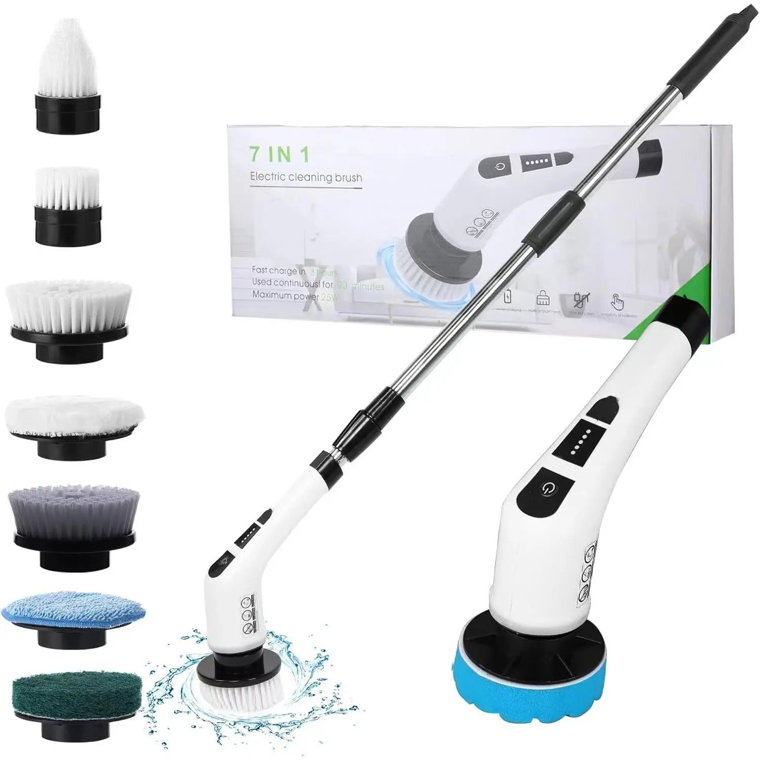 Electric Spin Scrubber with 7 Replaceable Brush Head Shower Scrubber with Long Handle,7 in 1 Cordless Cleaning Brush Power Shower Scrubber for Bathroom, Tub, Tile, Floor, Kitchen, Window,white
