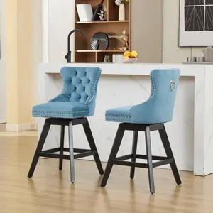 Swivel Velvet Barstools with Button Tufted Decoration and Wooden Legs, and Chrome Nailhead Trim, Leisure Style Bar Chairs, Bar stools, Set of 2