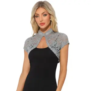 INSPIRE CHIC Women's Lace Stand Collar Pearl Button Short Sleeve Cropped Shrug Dark Grey Medium