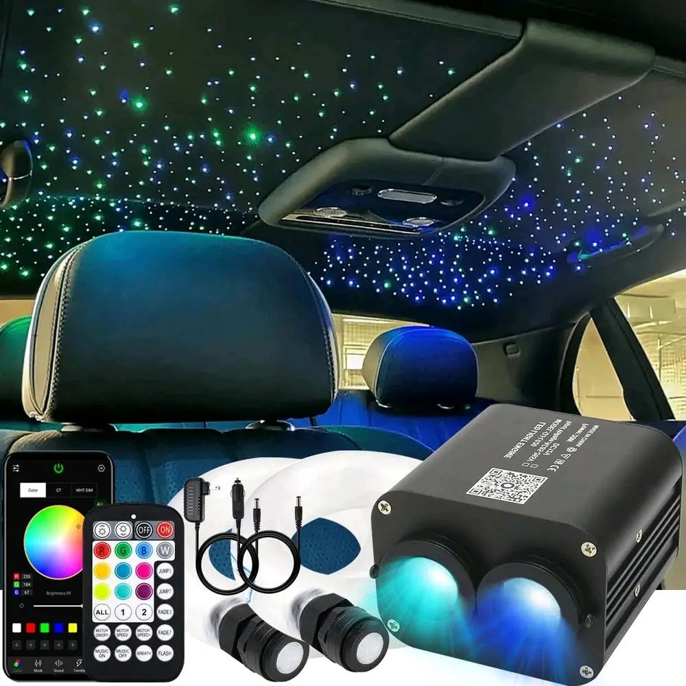 AZIMOM Dual Color 20W Twinkle 1200pcs Fiber Optic Starlight Headliner Kits 0.03in 13.1ft Fiber Strands End Glow Sound Activated Remote APP Control RGBW Light Source Home Ceiling Car Headliner Décor