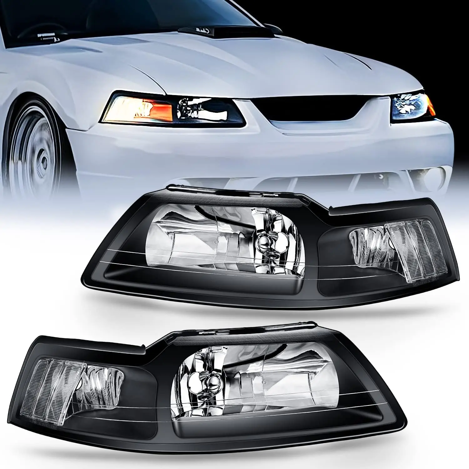 Nilight Headlight Assembly for 1999 2000 2001 2002 2003 2004 Ford Mustang Headlamps Replacement Black Housing Clear Reflector Driver and Passenger Side, Driver/Passenger, Ip65 Rated