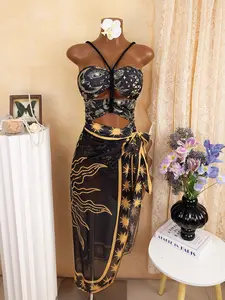 Women's New Swimwear Two-Piece Set, Ethnic Vintage Full Print, Starry Sky Element, Fashion Braided Rope Straps, Side Tie Half Skirt Dress, Swim Tankini Swimdress, Swimdress Swimsuits, Summer Beach Swimdress