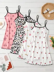4-Pack Women's Strapless Nightdresses, High-End Full Print Cherry Pajamas, Spring Summer Sweet Home Essentials, Casual H-Type Fit