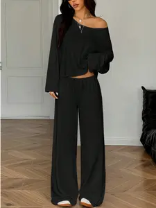 Women's 2pcs/6pcs Long Sleeve Pants Home Set, One Shoulder Top Wide Leg Pants, Casual Fashion Solid Loungewear Outfit for All Seasons