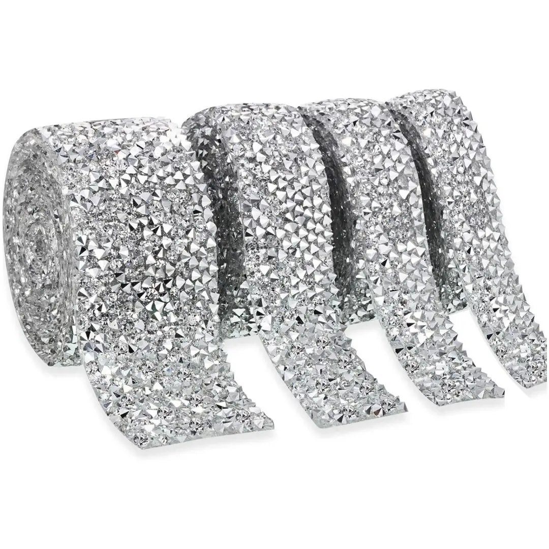 4pcs Bling Crystal Rhinestone Ribbon, DIY Crafts Self Adhesive Diamond Ribbon Tape, Glitter Trim Ribbon, Bling Wrap for Crafting, Clothing, Decorations, Ribbon Design