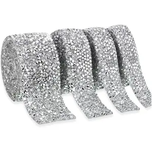 4pcs Bling Crystal Rhinestone Ribbon, DIY Crafts Self Adhesive Diamond Ribbon Tape, Glitter Trim Ribbon, Bling Wrap for Crafting, Clothing, Decorations