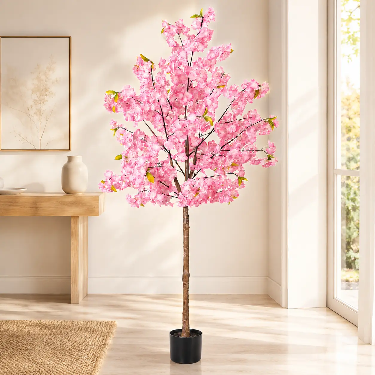 60 Inch Pink Faux Cherry Blossom Tree with Black Pot, Realistic Artificial Sakura Floor Plant for Living Room, Entryway, Office and Event Decor