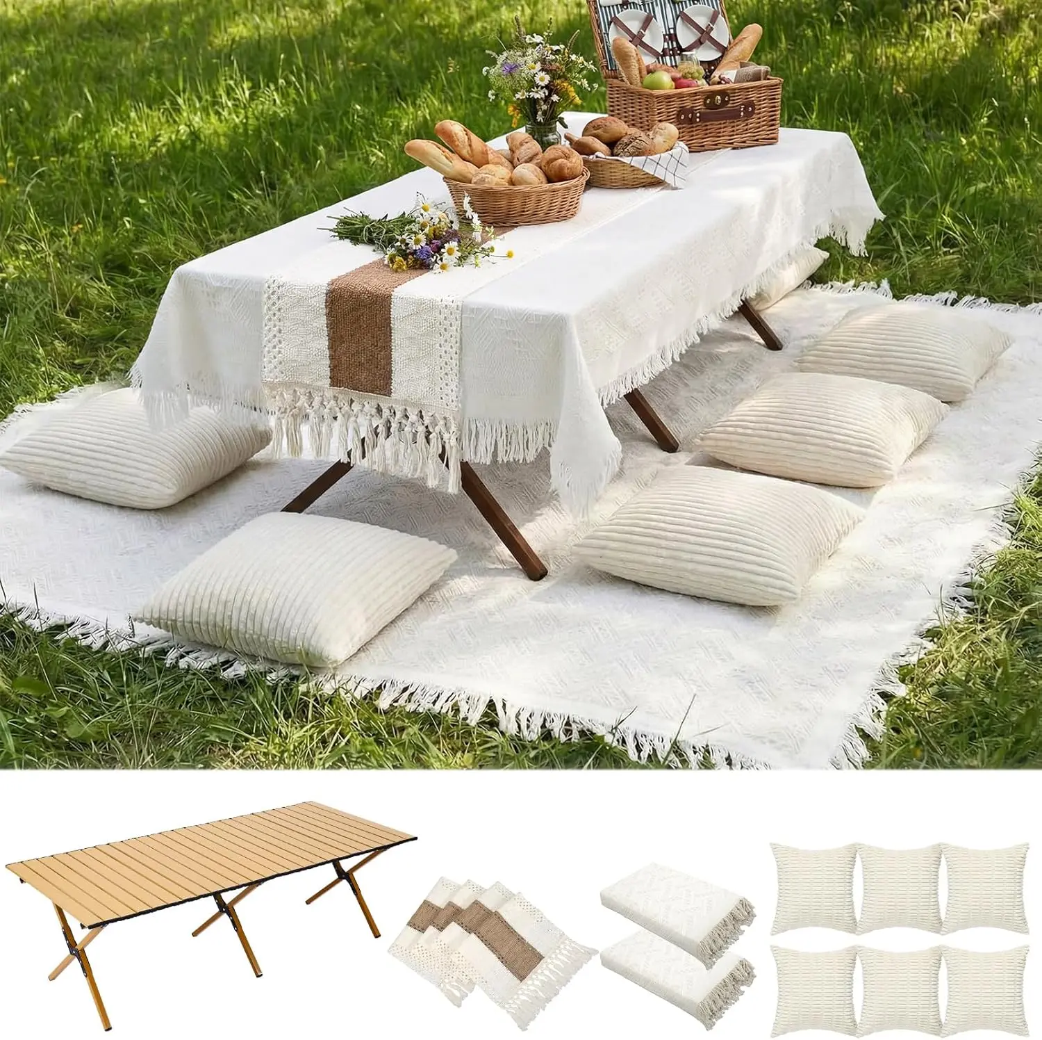 Novabright Picnic Kit, 10-Piece Boho Set with Solid Wood Folding Table, Woven Cotton Blanket, Runner & Pillow Covers for Weddings, Barbecues, Practical Gifts, Baby Showers, Birthdays, Elegant Decorations, 10-Piece Kit, Tasseled Edges, Outdoor Furniture Se