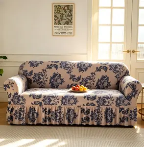 Chic Blue Damask Couch Cover | Stretchy Fabric with Ruffled Skirt for Instant Room Refresh