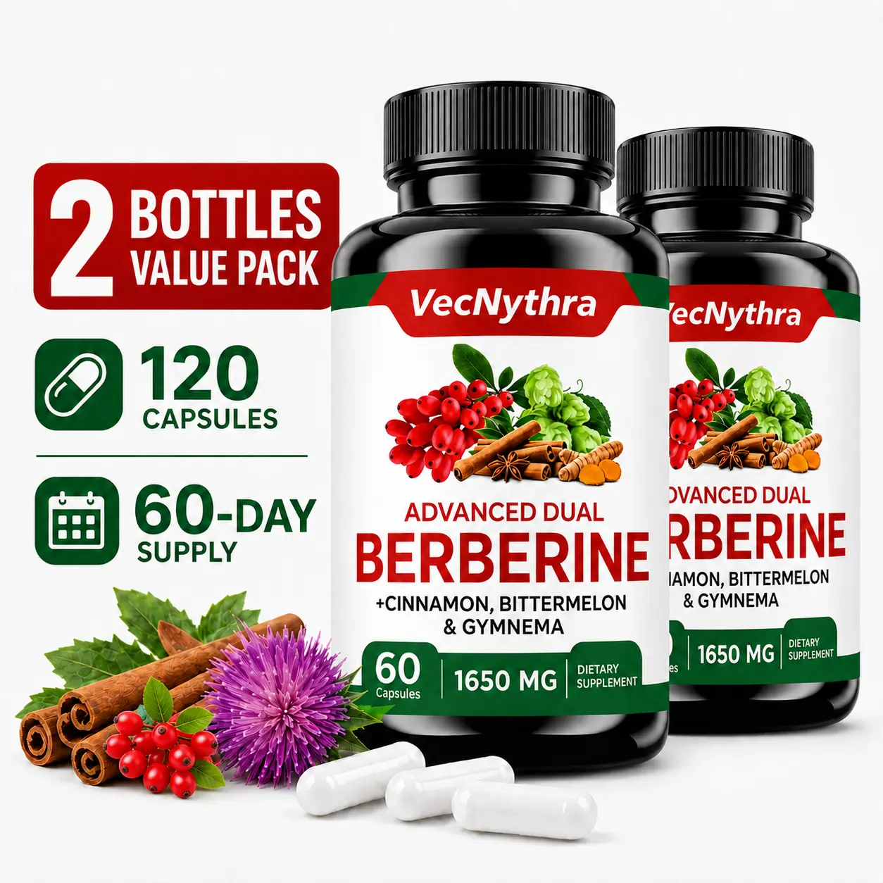 VecNythra Berberine Complex Dietary Supplement 2-Pack, Health Support with Ceylon Cinnamon, Milk Thistle & Zinc Botanical Blend, 120 Daily Wellness Capsules, Berberine Supplement