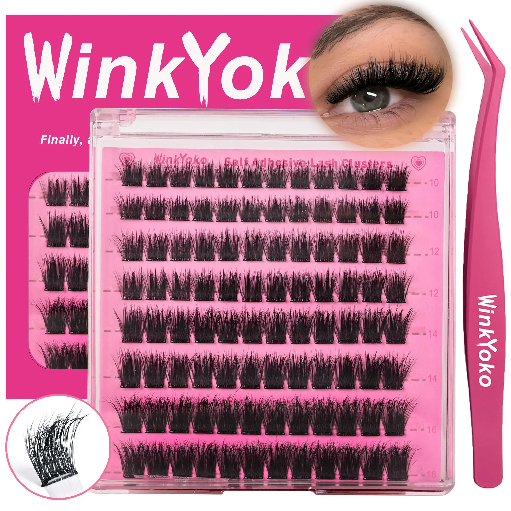 Self Adhesive Volume Lash Clusters Kit with Tweezers-Willow Styles, WinkYoko No-Glue Eyelashes Beginner Friendly, 10-16mm Mixed Length Individval Eyelash Extension, Ultra-Thin Transparent Band Volume Lashes, Super Soft Press-On Lashes, Bold Dramatic Look