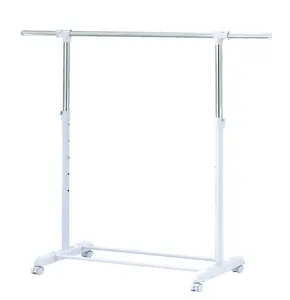 Adjustable Rolling Garment Rack Metal Chrome, White, 84-121Wx44Dx123.5-163Hcm