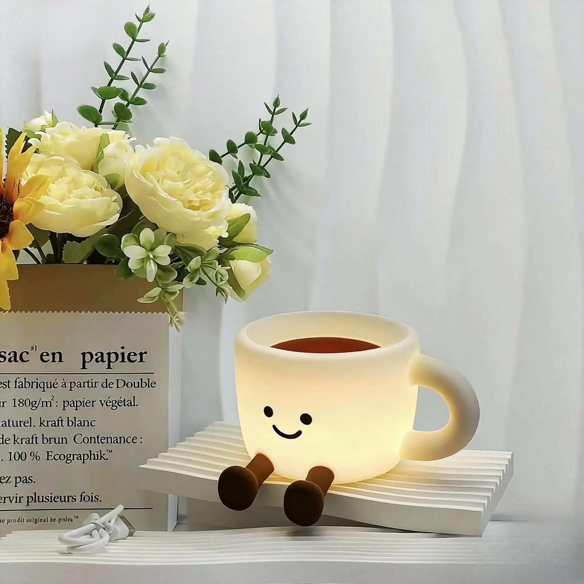 Cute Coffee Cup Silicone Night Light Tap Control 7-Color Bedside Lamp with Phone Holder, USB Rechargeable Squishy Aesthetic Room Decor, Cute Birthday Holiday Gift for Girls Kids Friends