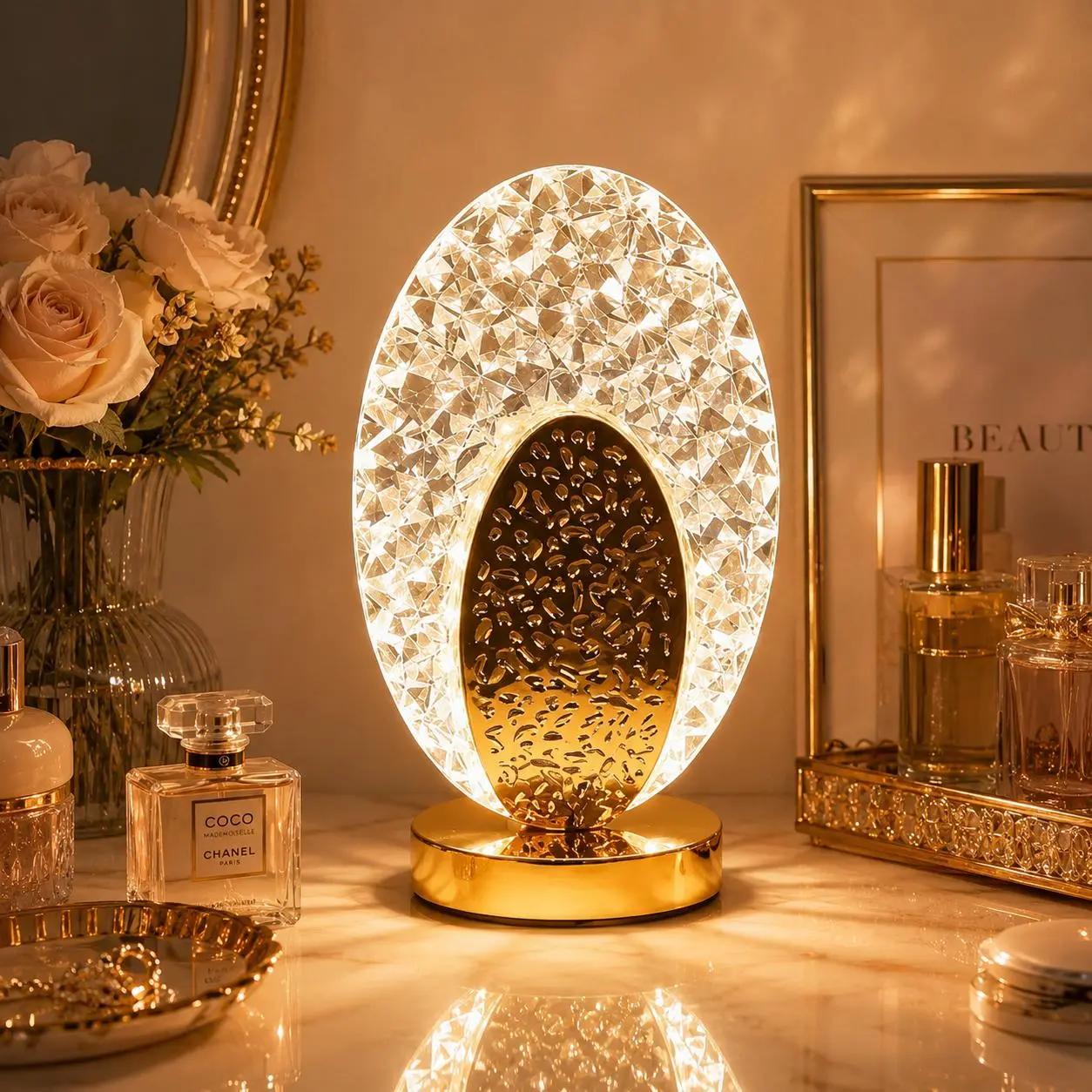 Glamorous Luxury USB-Rechargeable Crystal Oval Table Lamp with USB Port - Desktop LED Color Changing Night Light, 3-Color Dimmable Acrylic Lamp with Gold Base, Ideal for Bedrooms, Home Decor Lighting, Gifts